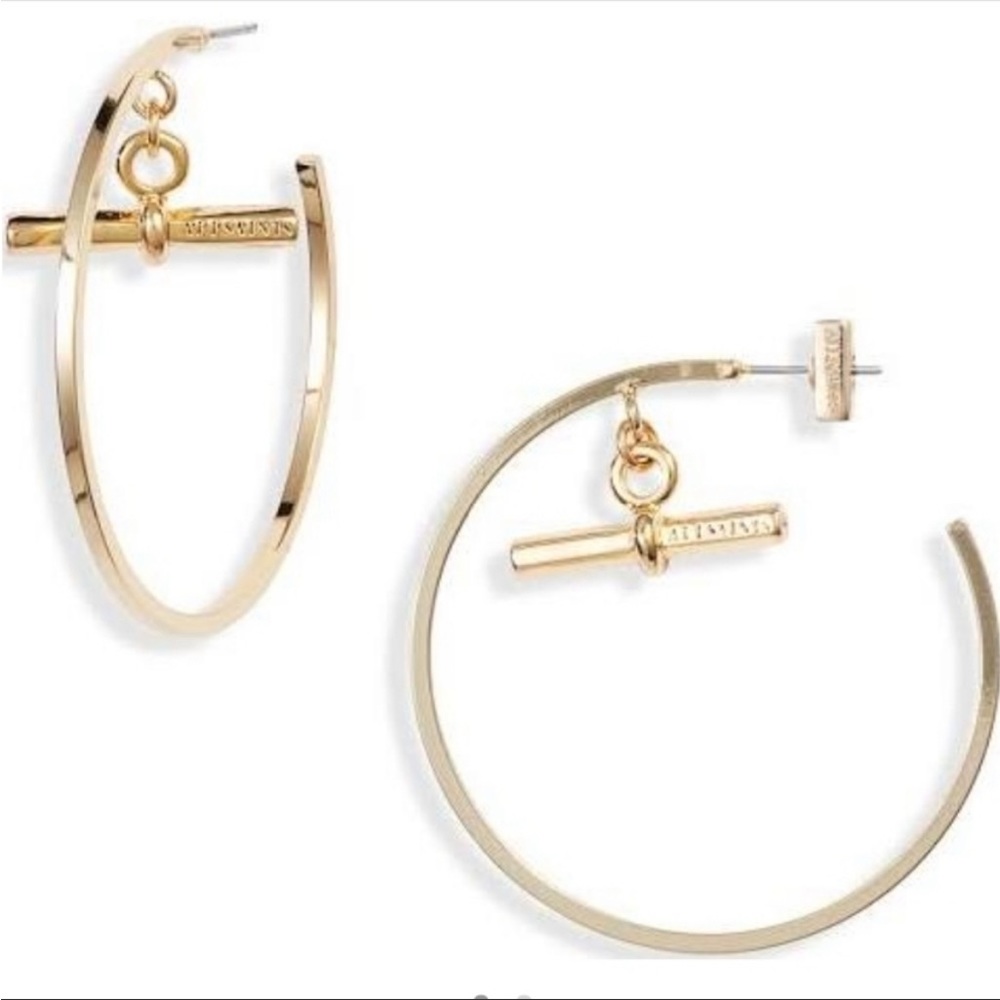 All Saints Gold Hoop Earrings with T-Bar Charm
